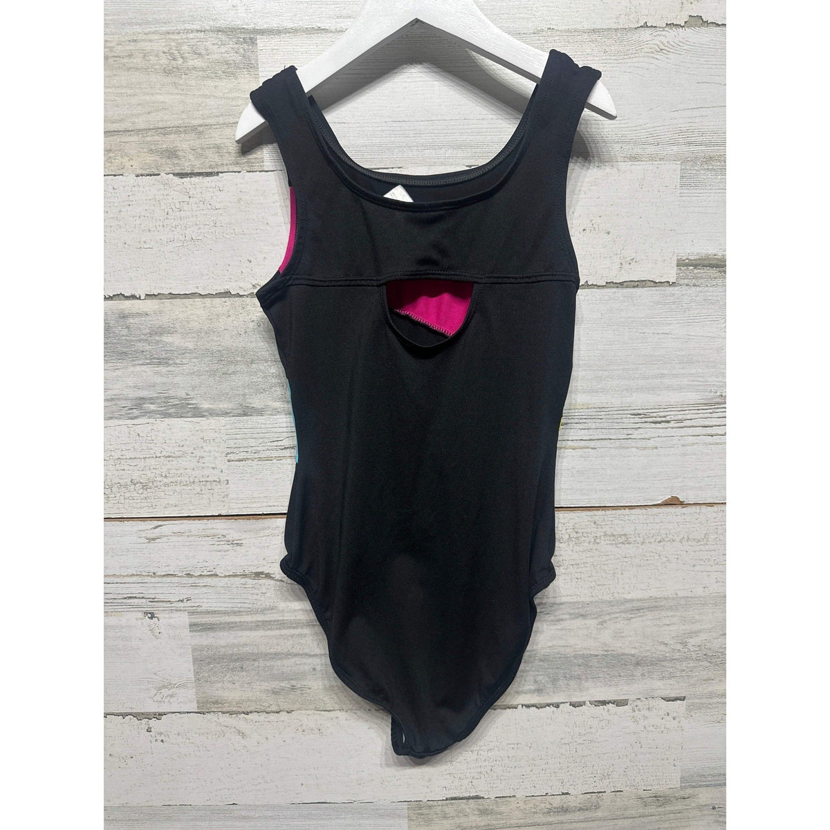 Moret Active Leotard Girls 8-10 Black Pink Blue Rhinestone Colorblock EUC2