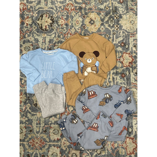 Rae Dunn Bearpaw Sweatshirt Jogger Set Boys 3T Blue Tan Construction Bear0