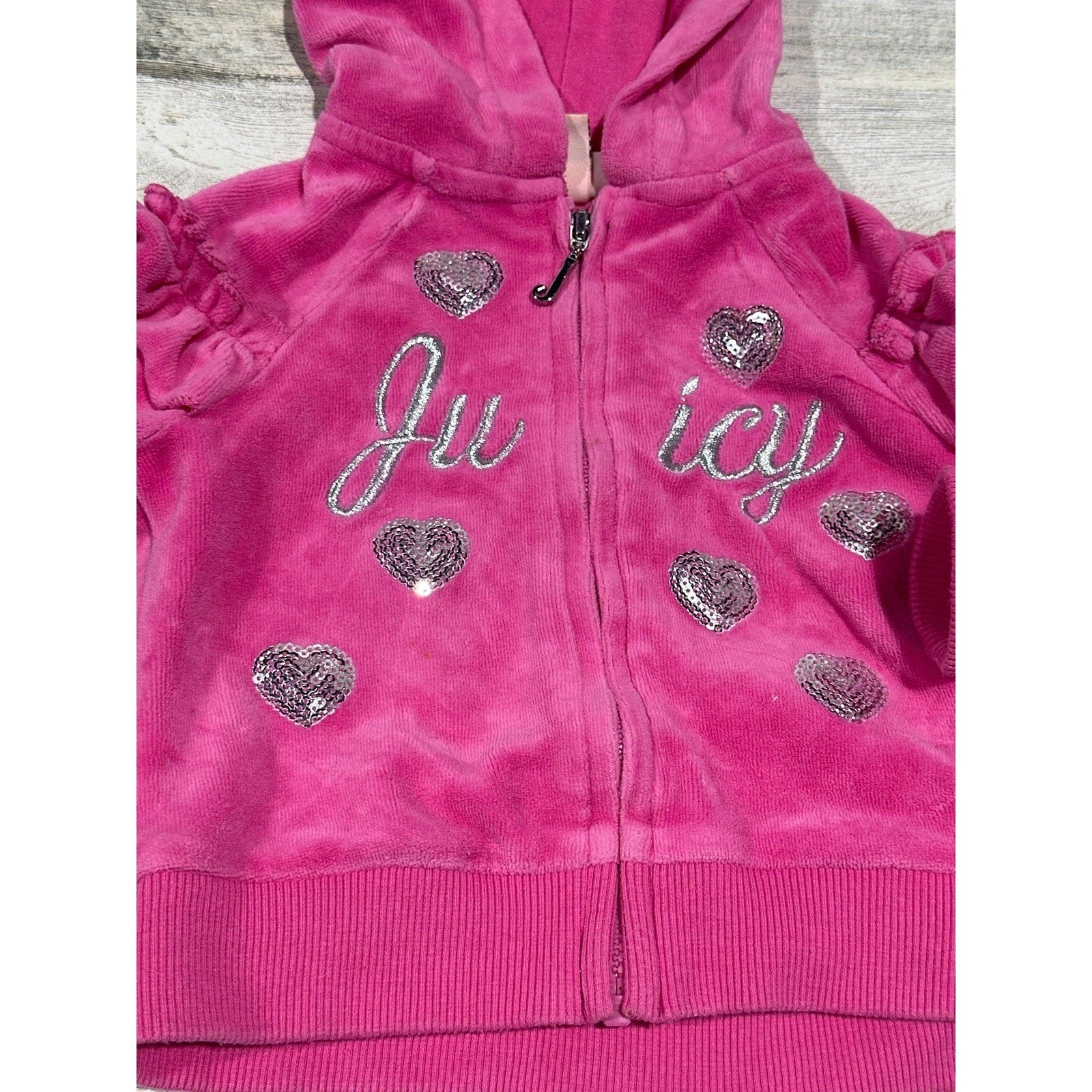 Juicy Couture Hoodie Girls 6-9M Pink Sequin Heart Ruffle Velour EUC1