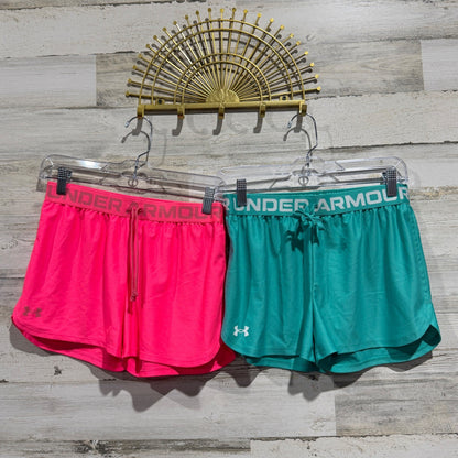 Under Armour Play Up Shorts Girls Large Pink Teal Polyester Athletic 2-Pack EUC0