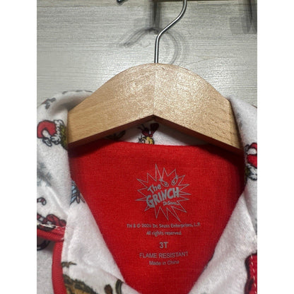 Dr Seuss The Grinch Pajama Set Girls 3T White Red Fleece 2pc EUC2