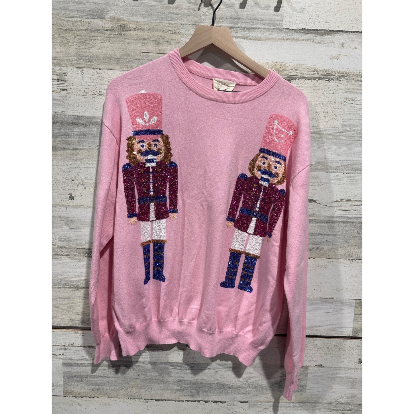 Fantastic Fawn Nutcracker Sweater Women Medium Pink Sequin Holiday Coquette0