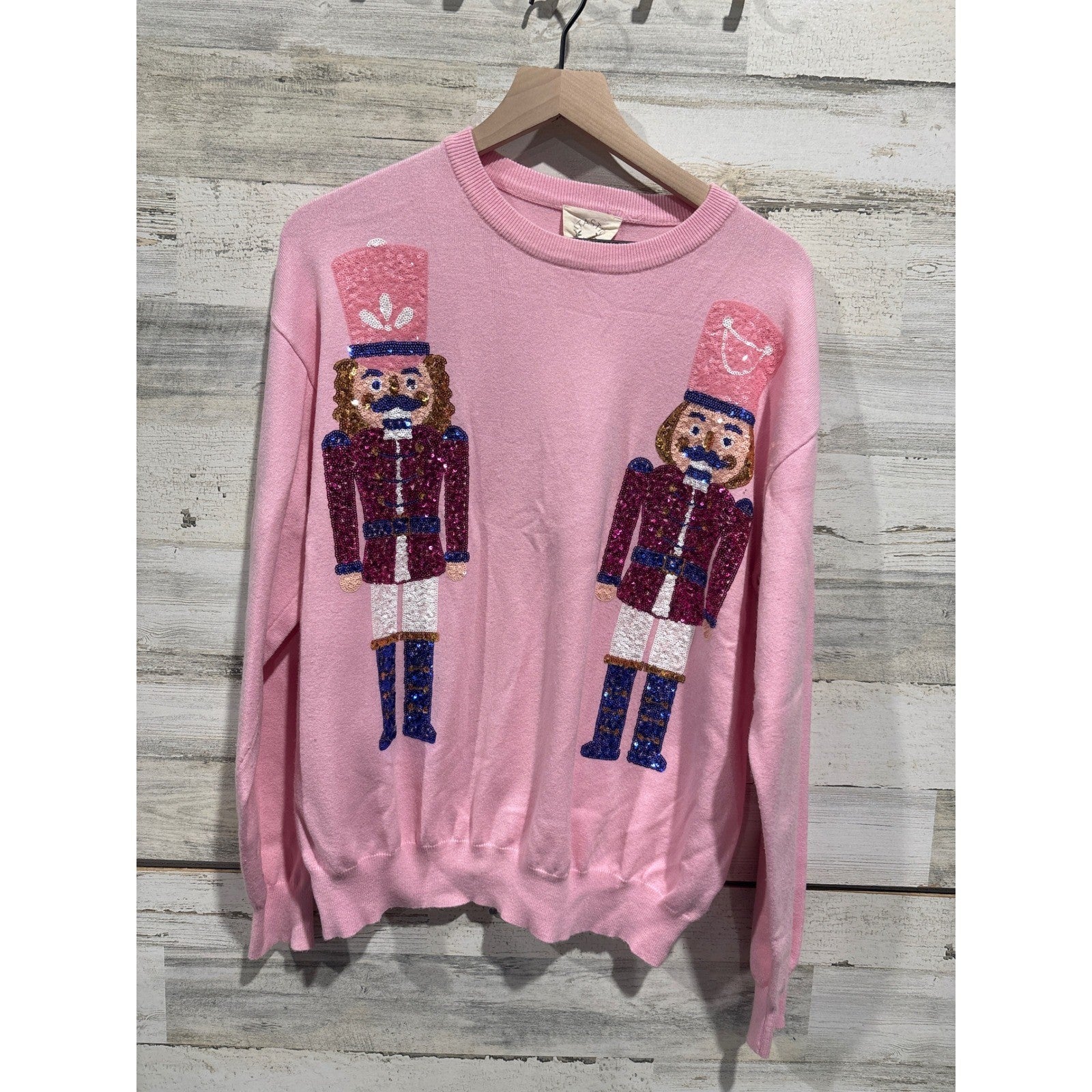 Fantastic Fawn Nutcracker Sweater Women Medium Pink Sequin Holiday Coquette0