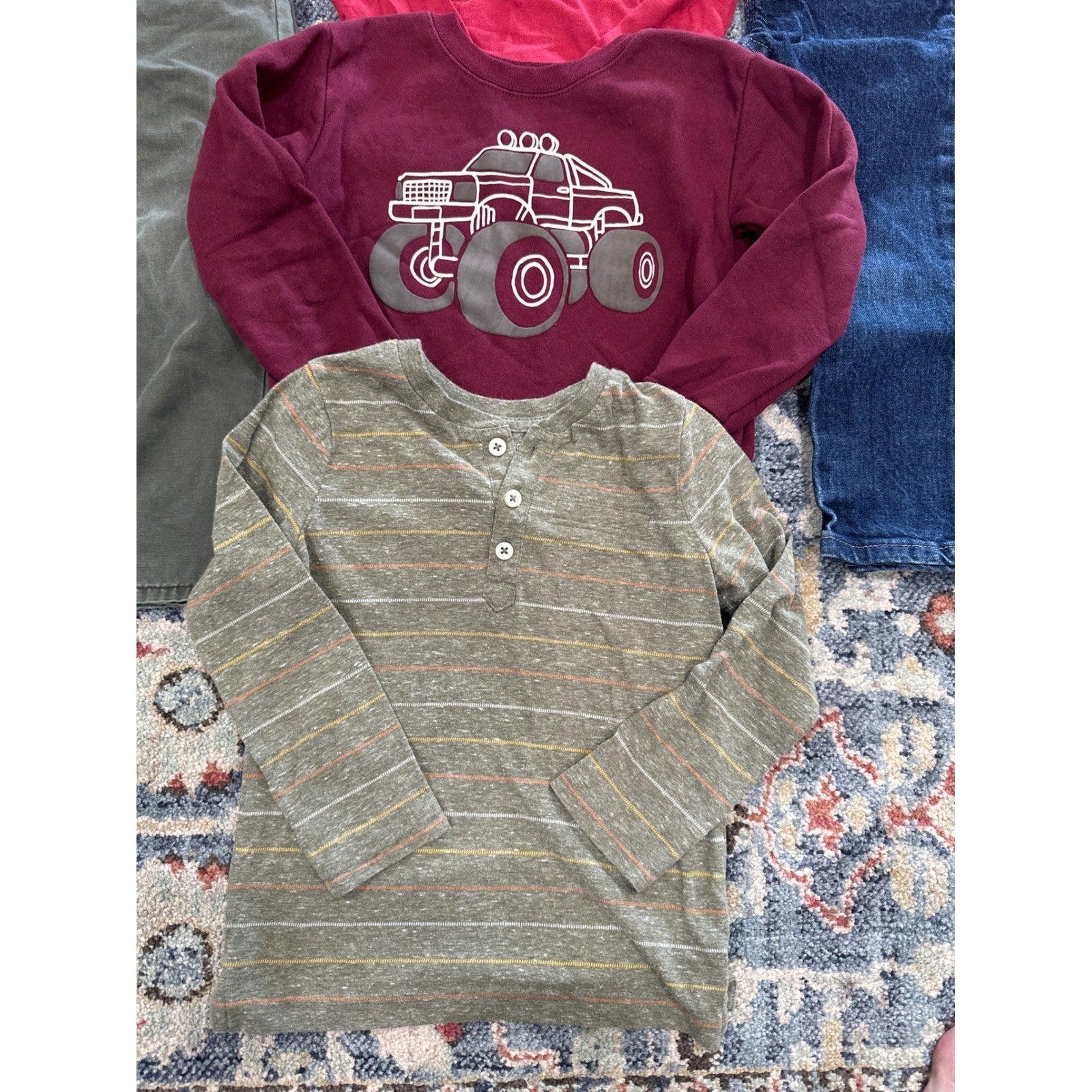 Boys 4T / 4 Long Sleeve Pants Bundle Red Olive Blue Truck1
