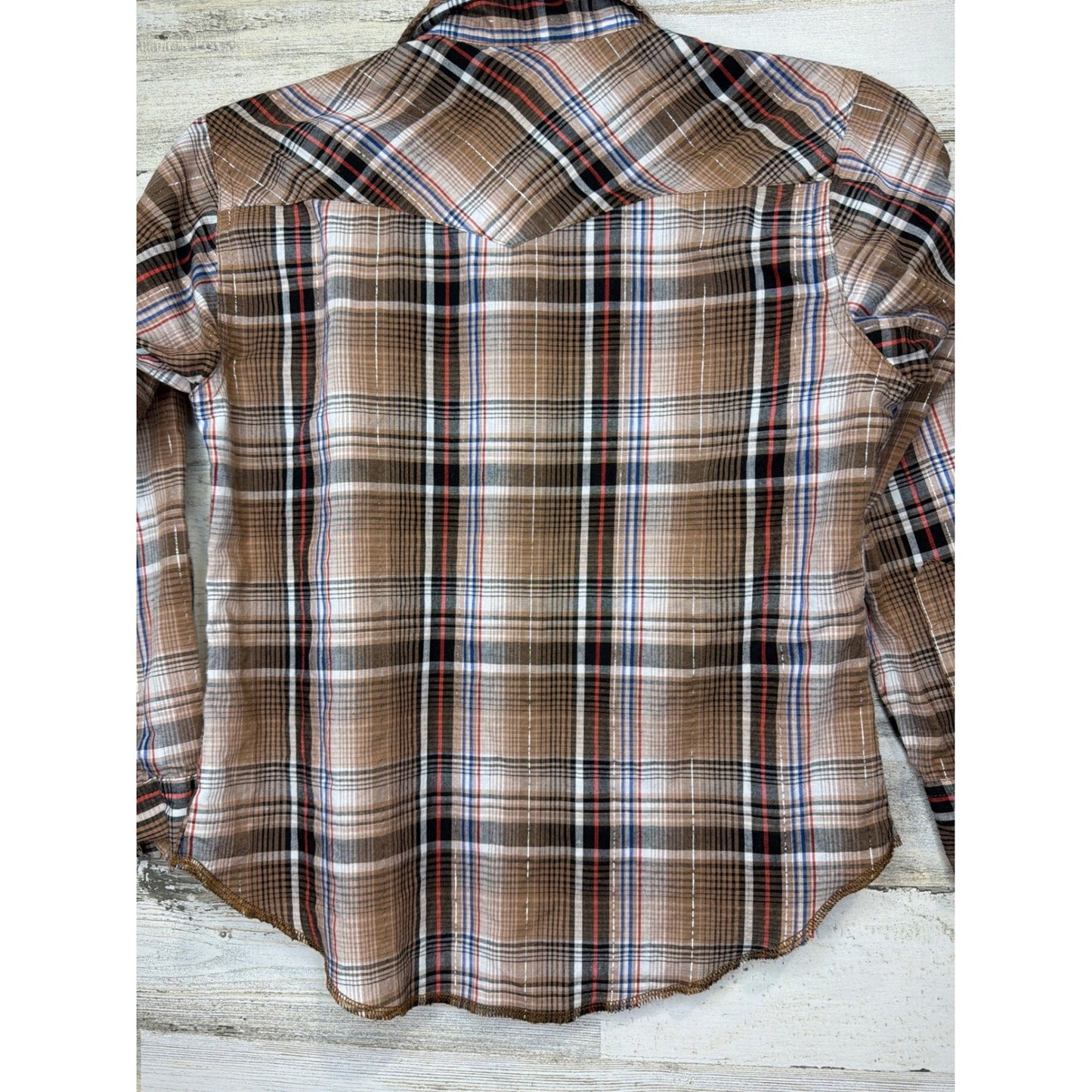 Rustler Pearl Snap Shirt Boys Medium Brown Plaid Silver Accent Westerncore EUC3