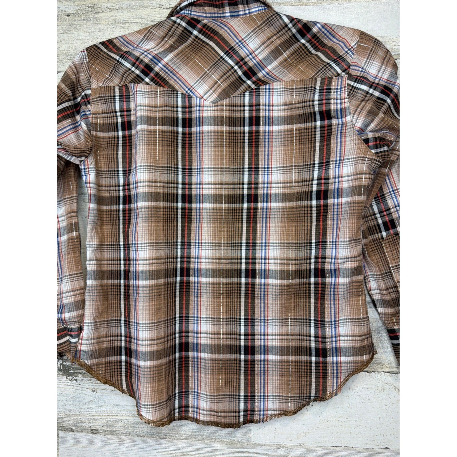 Rustler Pearl Snap Shirt Boys Medium Brown Plaid Silver Accent Westerncore EUC3
