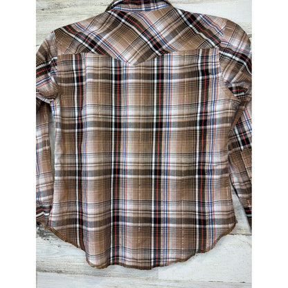 Rustler Pearl Snap Shirt Boys Medium Brown Plaid Silver Accent Westerncore EUC3