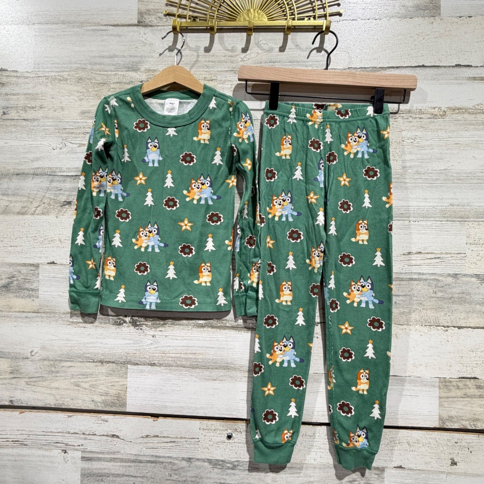 Hanna Andersson Bluey Pajamas Kids 6-7 Green Organic Cotton Holiday EUC0