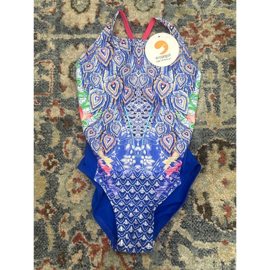 Escargot Swimsuit Girls 7 Blue Peacock Print One Piece NWT0