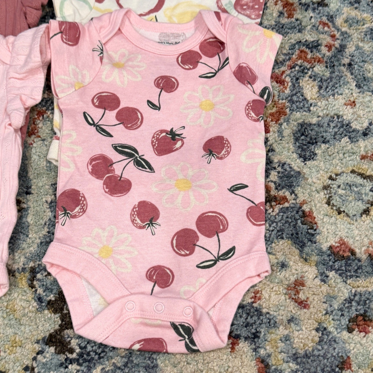 Member's Mark Bodysuit 4pk Girls NB Pink Fruit Ruffle Organic Cotton EUC1