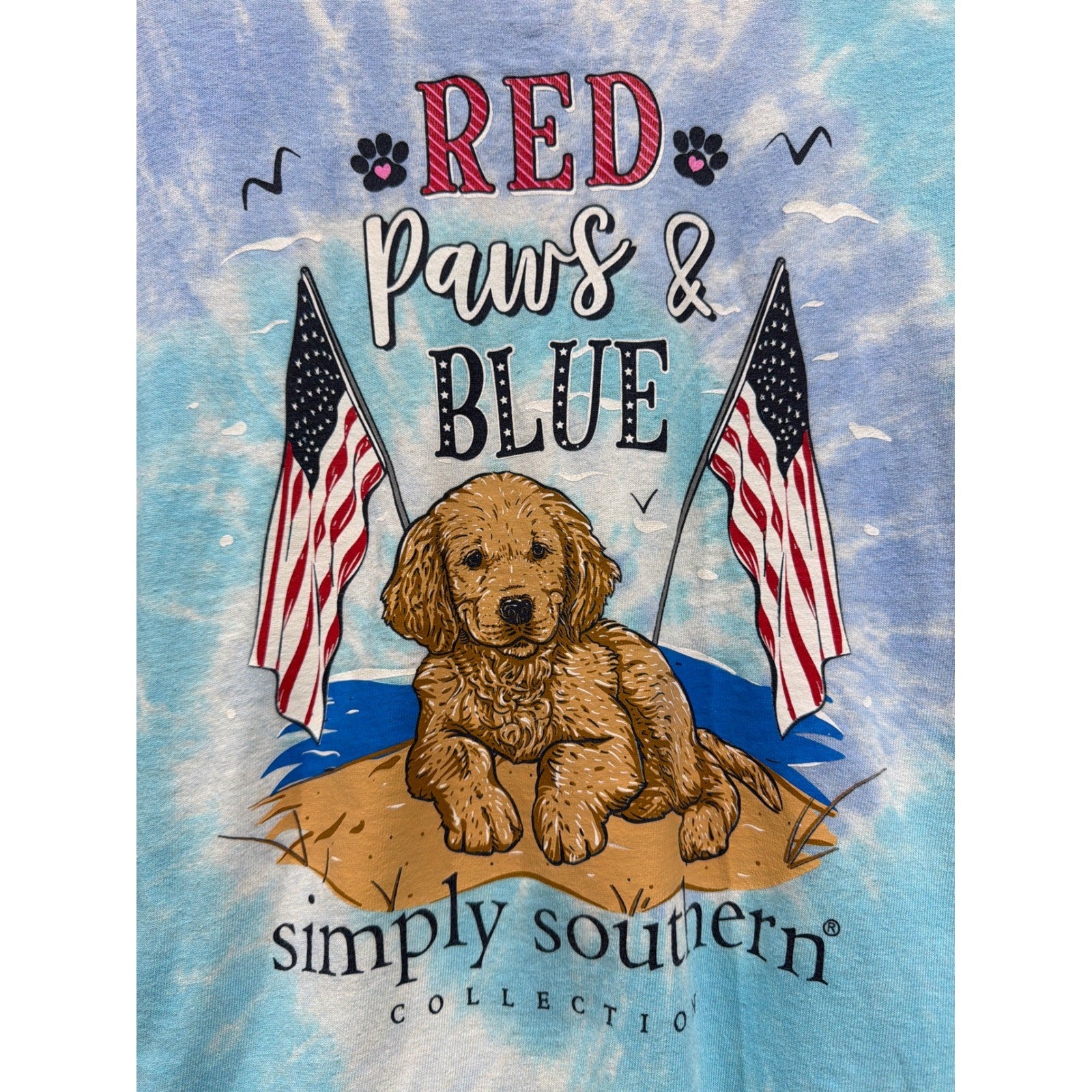 Simply Southern Tee Girls Large Blue Red Paws & Blue Patriotic Preppy EUC1