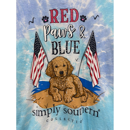 Simply Southern Tee Girls Large Blue Red Paws & Blue Patriotic Preppy EUC1