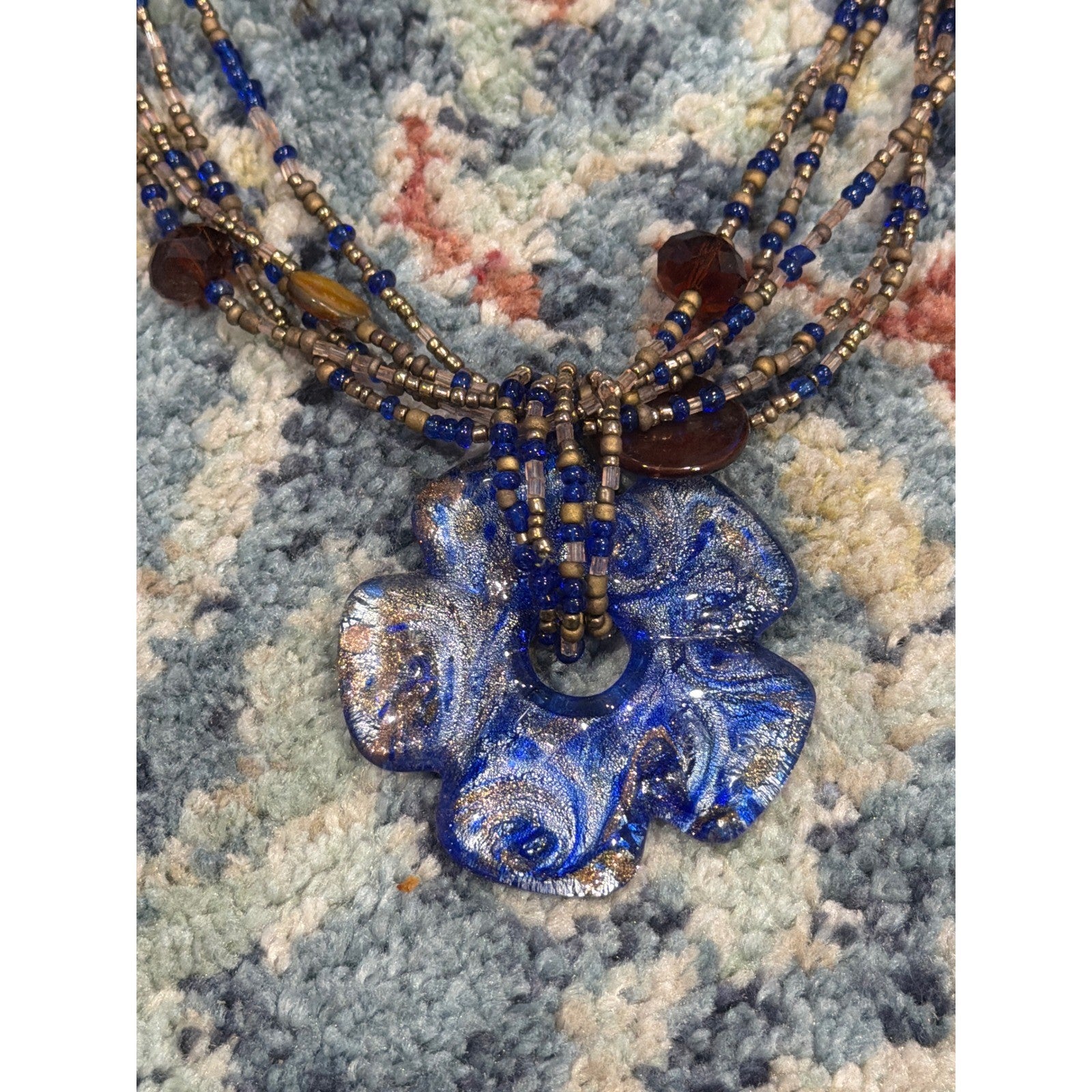 Beaded Necklace Women Blue Gold Flower Glass Boho1