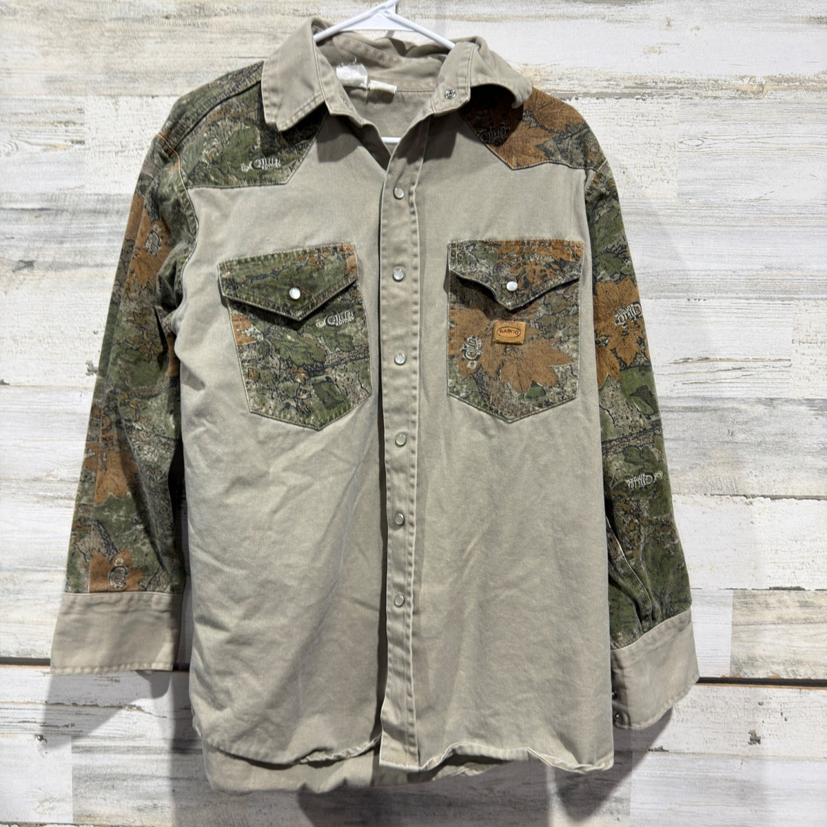 Rasco Cajun Camo Western Work Shirt Men Small Tan Green Pearl Snap Flawed*0
