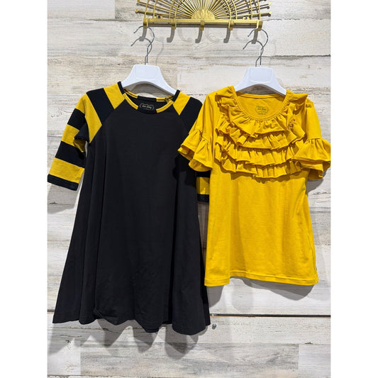 Sew Sassy Dress Top Set Girls 8 Yellow Black Striped Ruffle Boutique EUC0