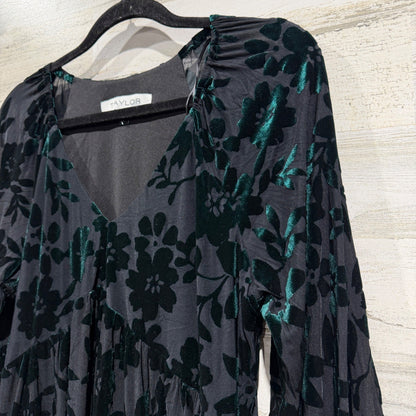 Taylor Floral Velvet Burnout Dress Women 16 Black Green Tiered Whimsigoth1