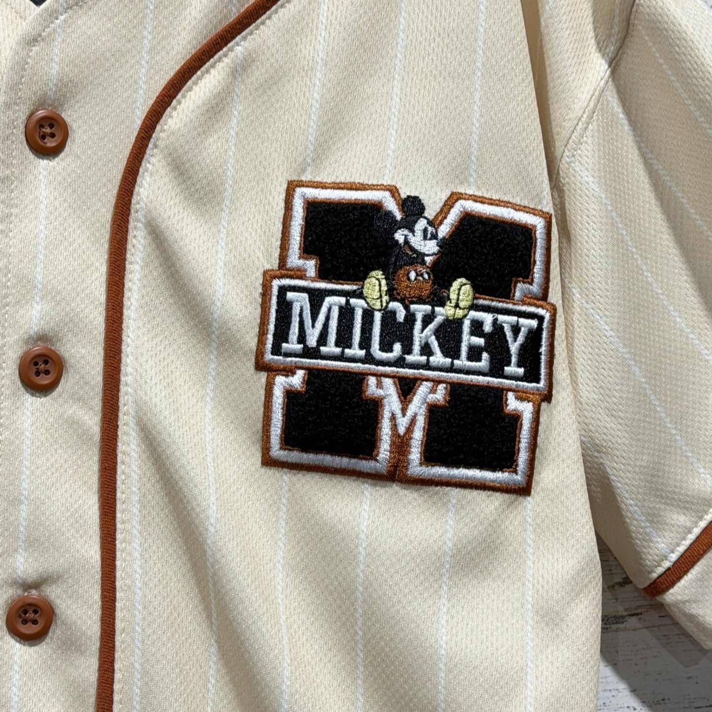 Disney Baseball Jersey Boys 6/7 Cream Pinstripe Mickey Mouse Sporty EUC1