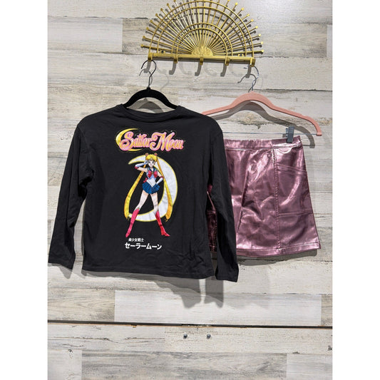 Zara Cat & Jack Sailor Moon Shirt Skirt Set Girls 8-10 Black Pink Anime EUC0