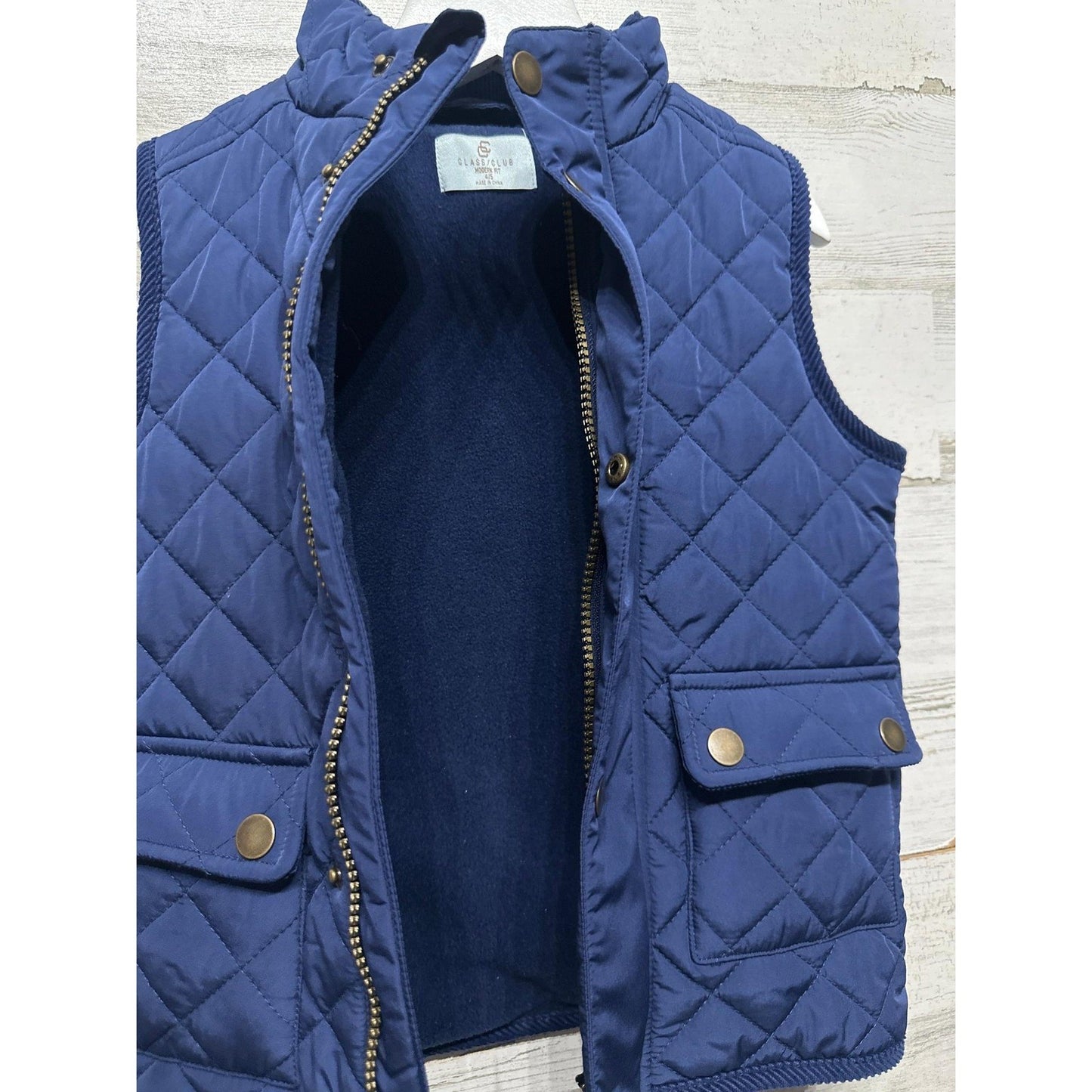 Class Club Quilted Vest Boys 4/5 Navy Blue Fleece Lined Full Zip EUC2
