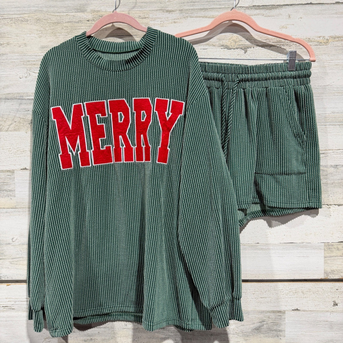 Merry Graphic Ribbed Lounge Set Women L Green Polyester Holiday EUC0