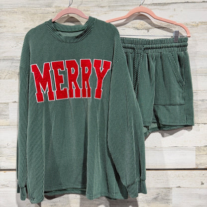 Merry Graphic Ribbed Lounge Set Women L Green Polyester Holiday EUC0