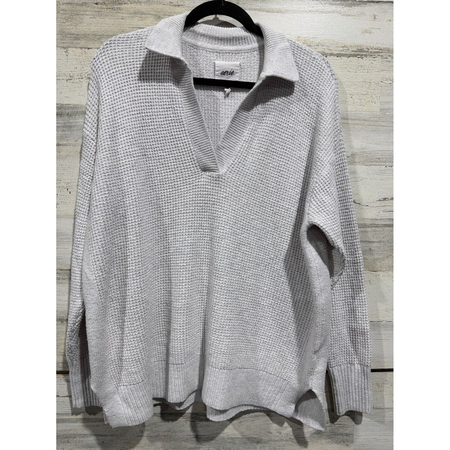 Aerie Waffle Knit Polo Sweater Women XXS Gray V-Neck Oversized EUC0