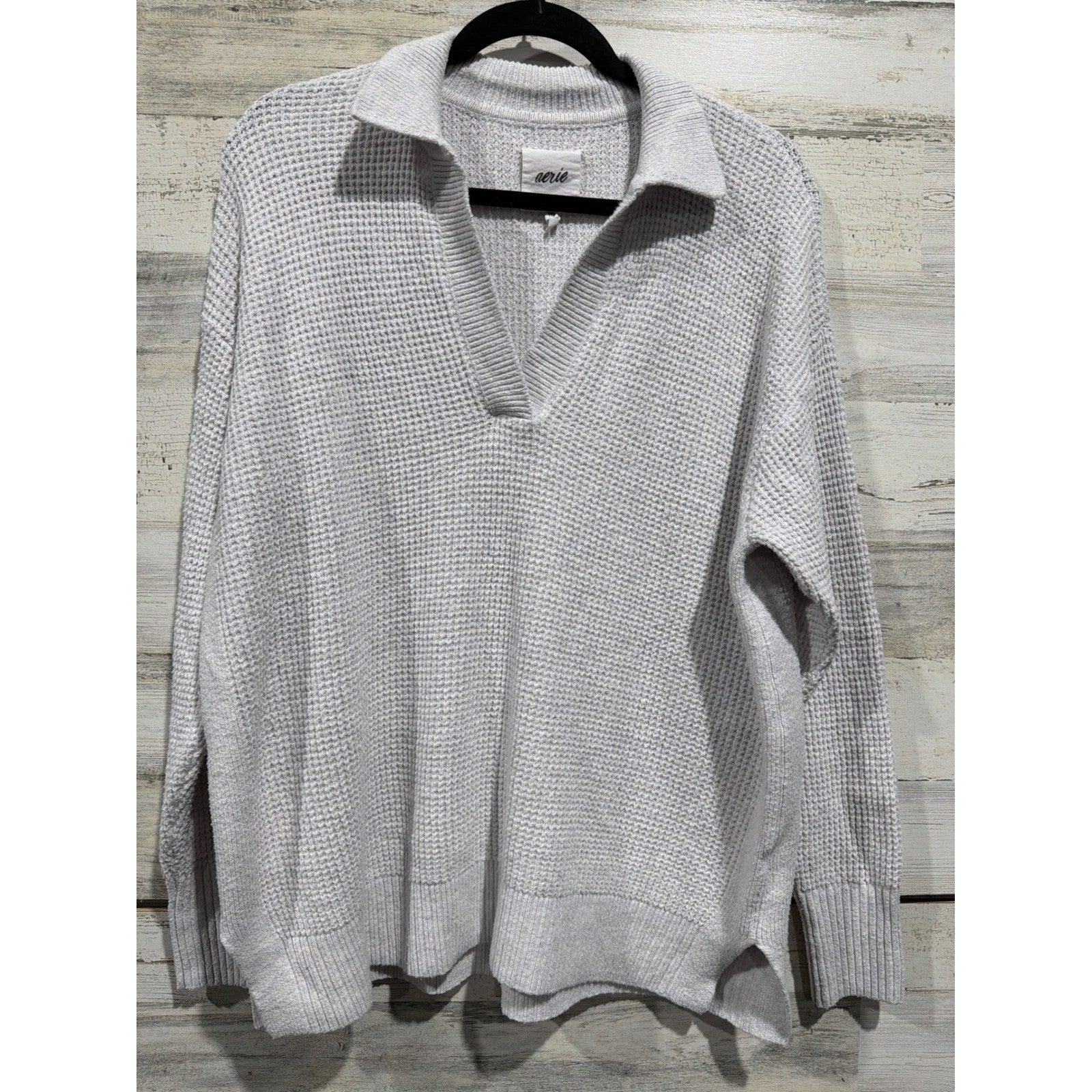 Aerie Waffle Knit Polo Sweater Women XXS Gray V-Neck Oversized EUC0