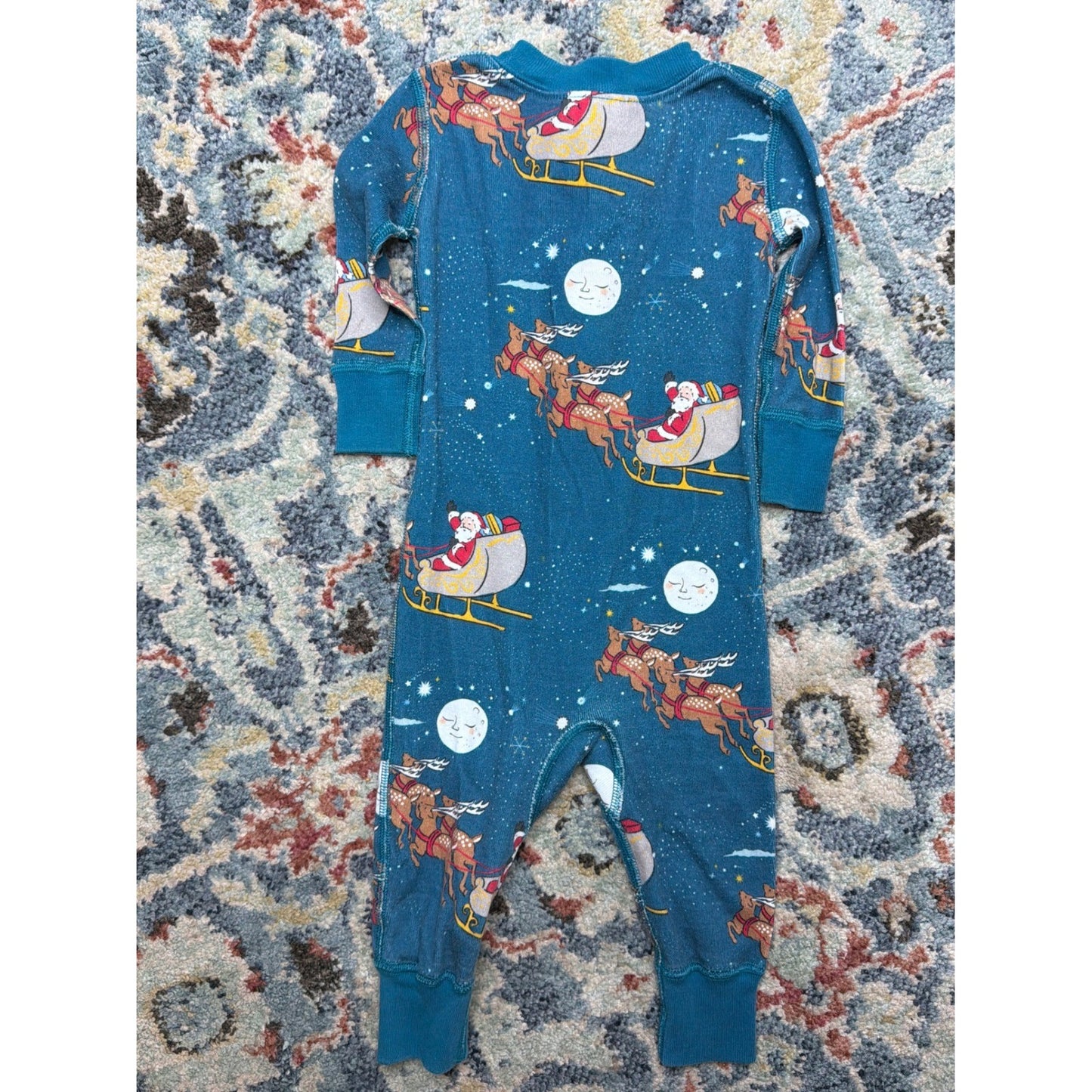 Hanna Andersson Pajamas Boys 3-6M Teal Santa Reindeer Organic Cotton EUC3