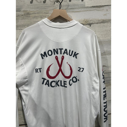 Montauk Tackle Co Fishing Shirt Men XL White Off The Hook Graphic Coastal EUC3
