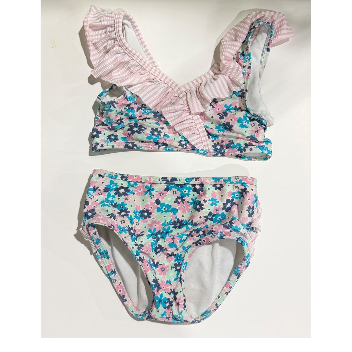 Ruffle Butts Bikini Swimsuit Girls 4T Pink Blue Floral Seersucker Core GUC*0