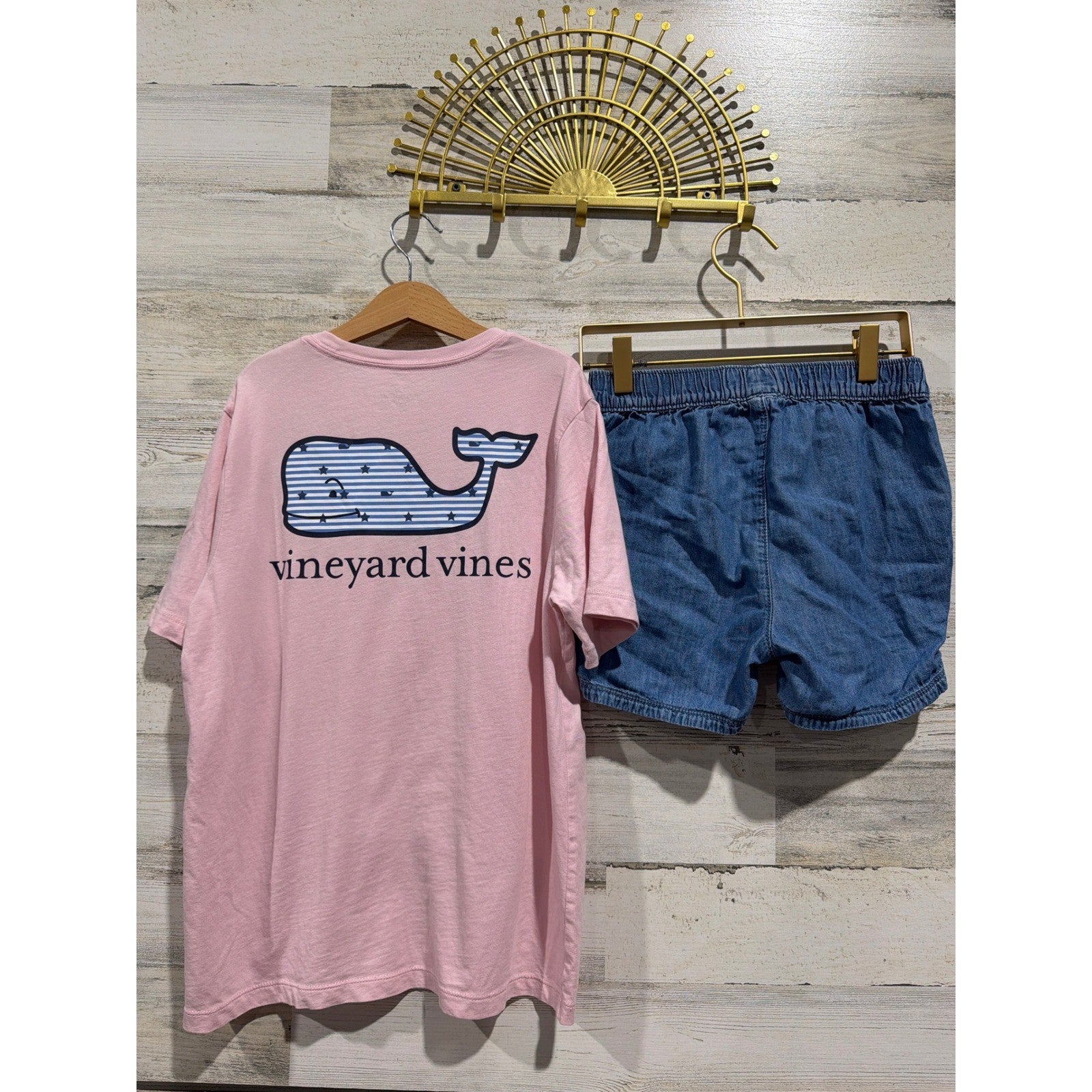Vineyard Vines T-Shirt Shorts Set Girls 12/14 Pink Blue Whale Preppy EUC4