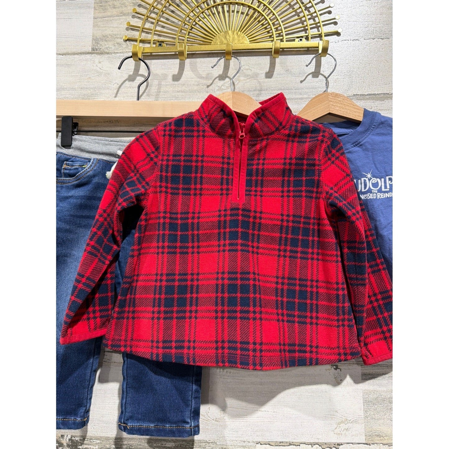Carter's Holiday Bundle Boys 18-24M Red Blue Plaid Christmas Elf Rudolph EUC3
