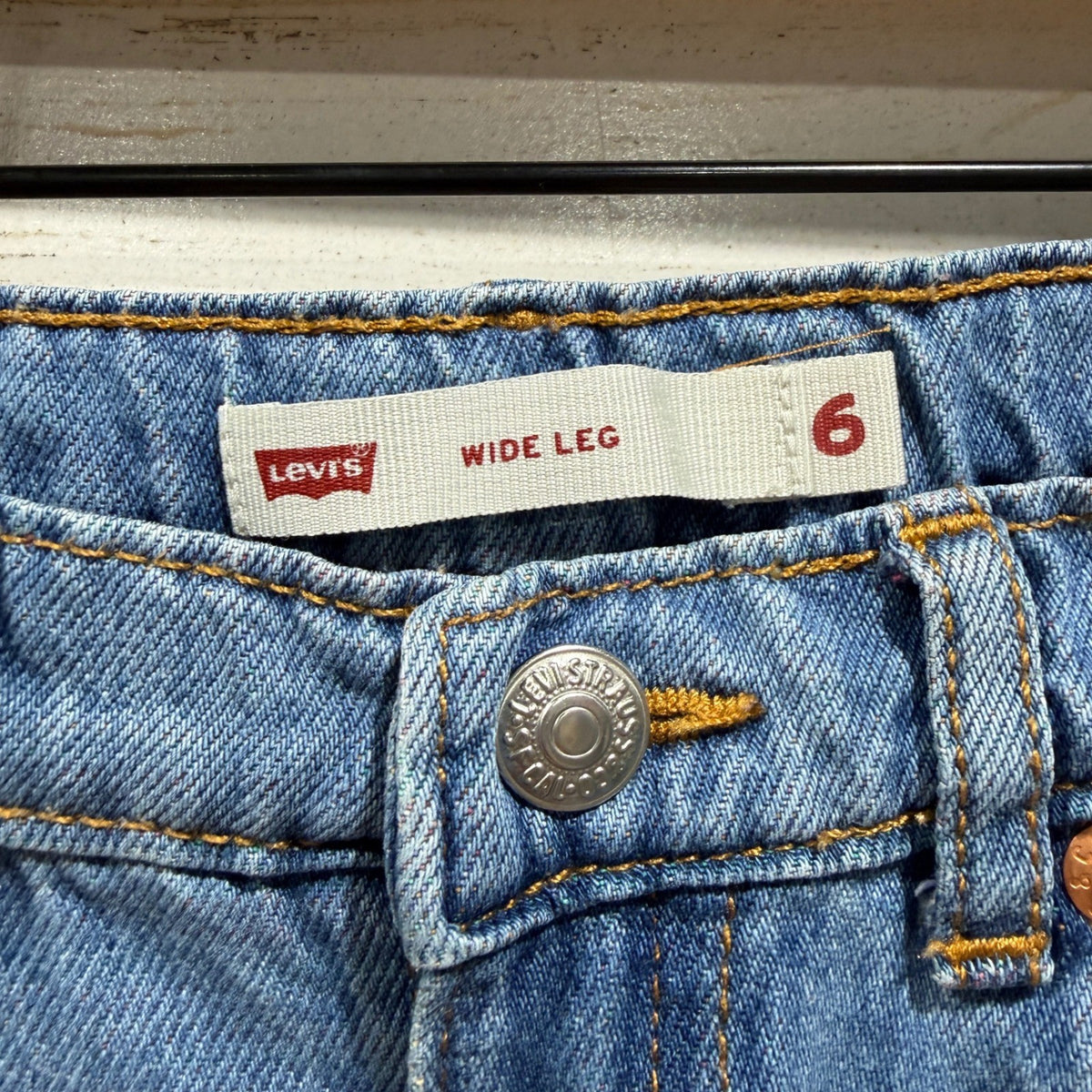 Levi Wide Leg Jeans Girls Size 6 Blue 100% Cotton Distressed Rainbow Boho 90s1