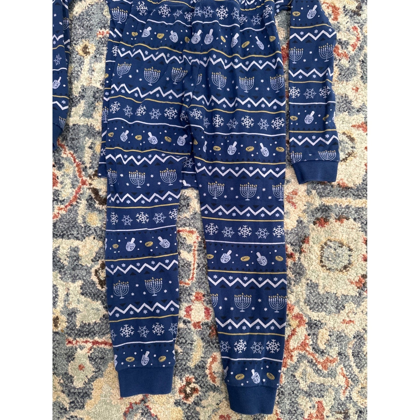 Petit Lem Pajama Set Boys 5 Navy Hanukkah Fair Isle Organic Cotton EUC4