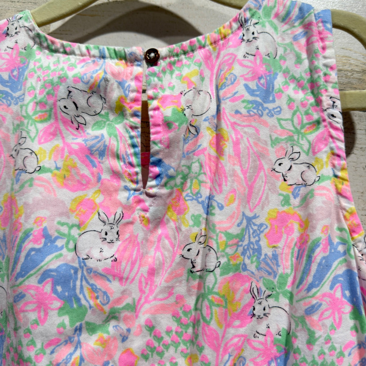 Crown & Ivy Dress Girls 6X Pink Blue Bunny Floral Lace Trim Preppy EUC5