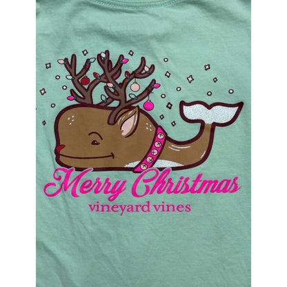 Vineyard Vines Christmas Whale Shirt Girls Size 5 Green Reindeer Graphic EUC1