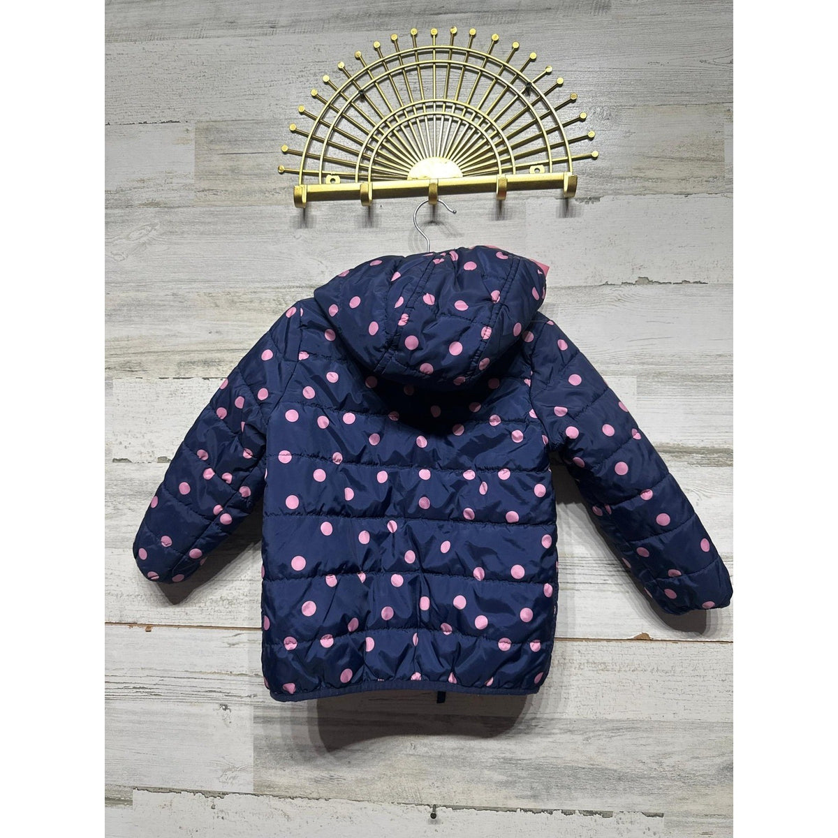 Carter's Puffer Jacket Girls 3T Navy Pink Polka Dot Hooded Zip Coat GUC*3