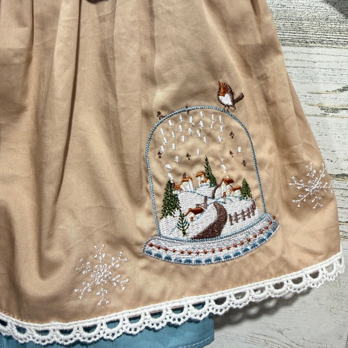 Evie's Closet Dress Girls 12m Blue Tan Embroidered Snowglobe Winter NWT *Flawed5