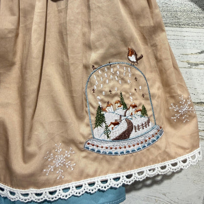 Evie's Closet Dress Girls 12m Blue Tan Embroidered Snowglobe Winter NWT *Flawed5