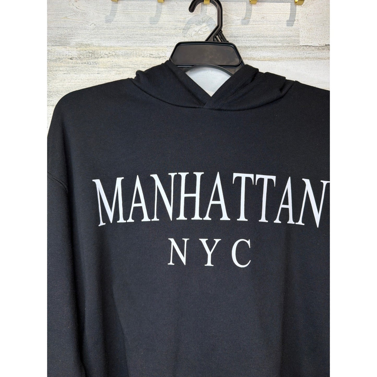 Zara Hoodie Women Large Black Manhattan NYC Cropped Boxy Streetwear EUC1