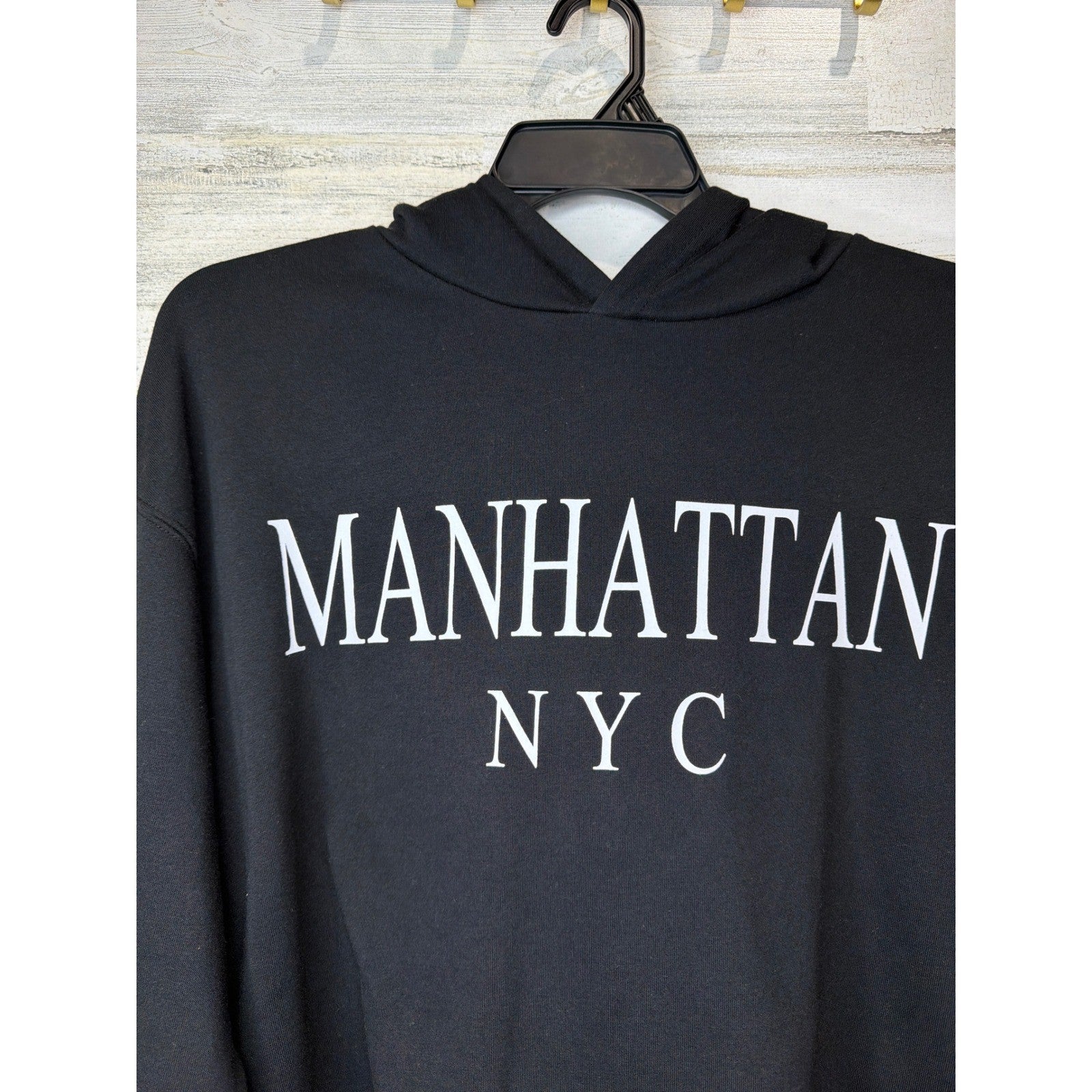 Zara Hoodie Women Large Black Manhattan NYC Cropped Boxy Streetwear EUC1