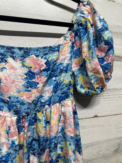 Floral Puff Sleeve Mini Dress Women Small Blue Pink Tie Back Cutout1