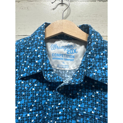 Wrangler 20X Competition Shirt Boys XL Blue Geometric Western Snap Up EUC1