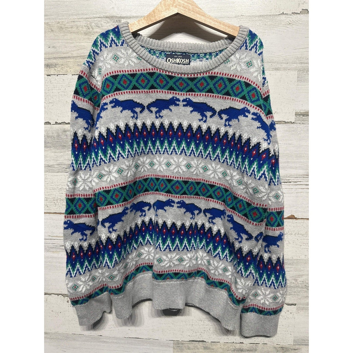 OshKosh Dinosaur Fair Isle Sweater Boys 12 Grey Blue Knit Crewneck EUC0