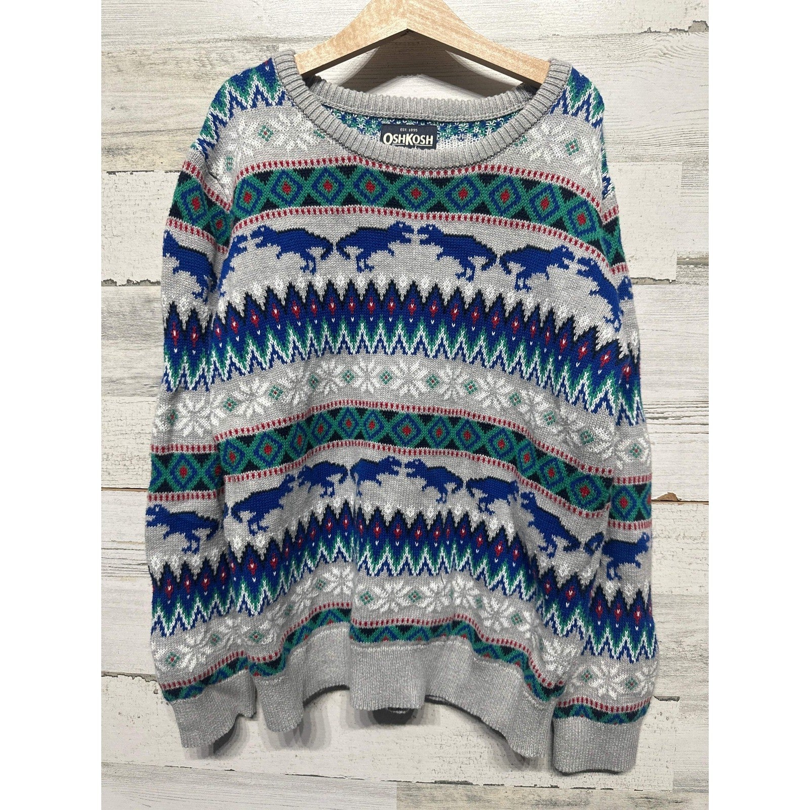 OshKosh Dinosaur Fair Isle Sweater Boys 12 Grey Blue Knit Crewneck EUC0