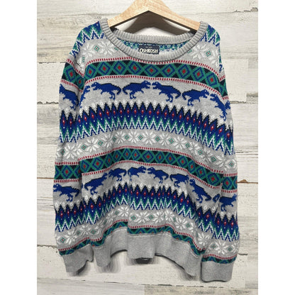 OshKosh Dinosaur Fair Isle Sweater Boys 12 Grey Blue Knit Crewneck EUC0