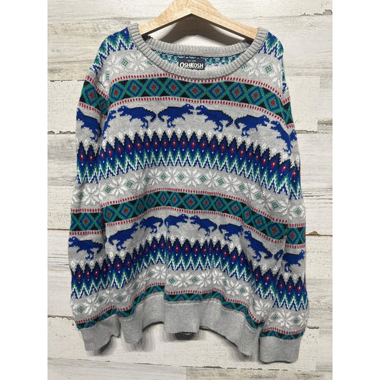 OshKosh Dinosaur Fair Isle Sweater Boys 12 Grey Blue Knit Crewneck EUC0