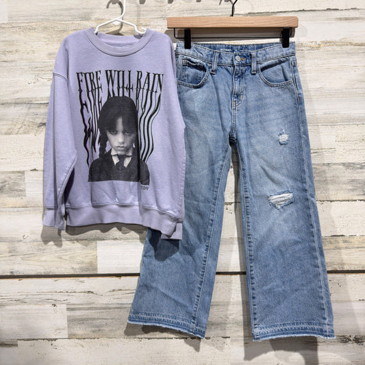 Old Navy Baggy Wide Leg Jeans Wednesday Addams Sweatshirt Girls 10 EUC0
