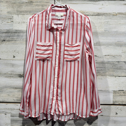 Forever 21 Striped Button Down Shirt Women 1X Red White 100% Rayon Casual EUC0
