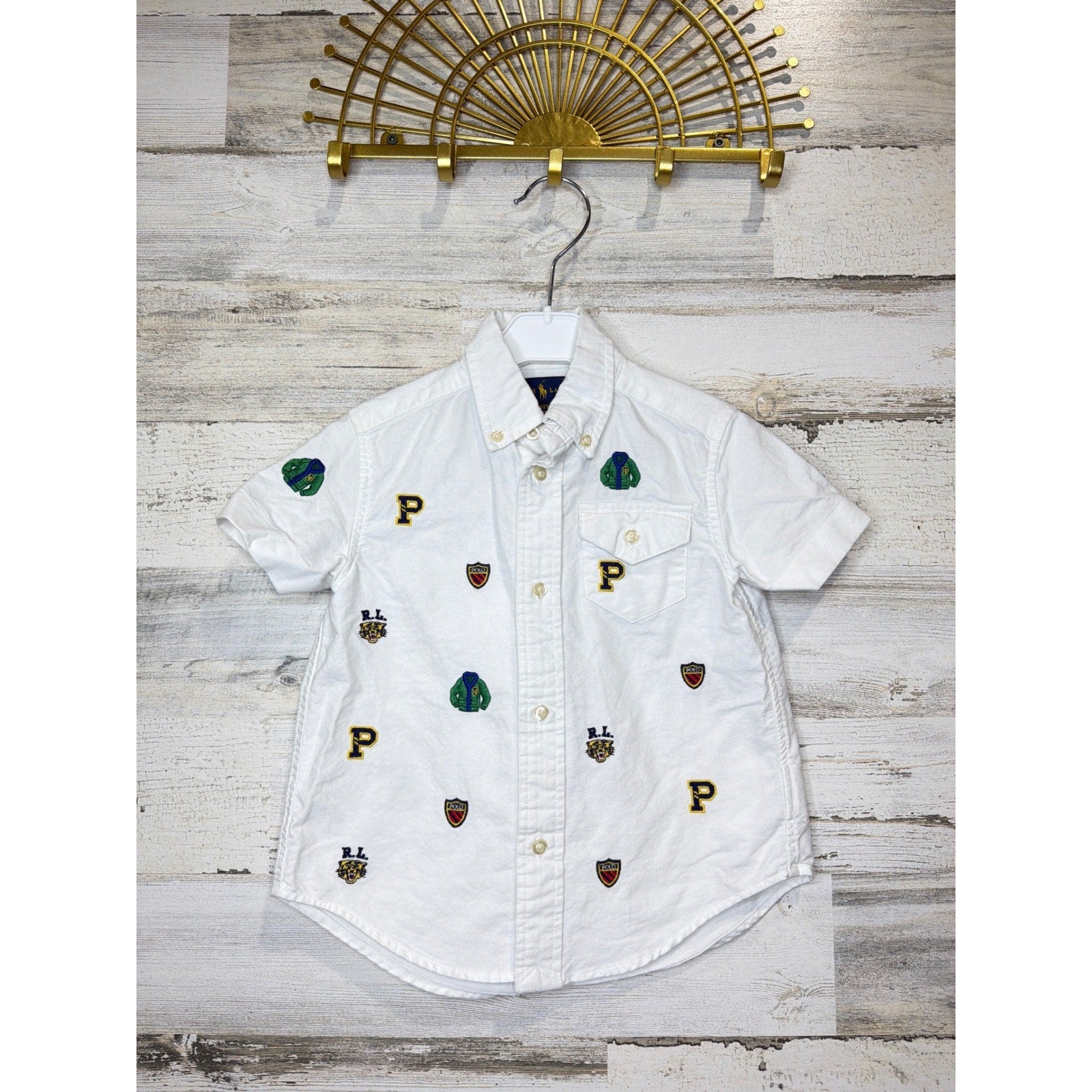 Ralph Lauren Button Down Boys 2T White Multi Logo Crest Varsity Preppy *Flawed0